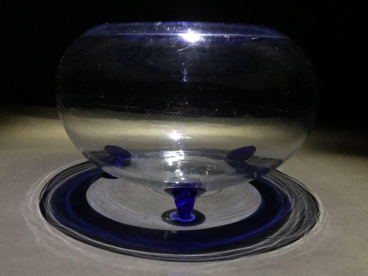 O13 мир стекло круглый аквариум синий . цвет стекло дуть . стекло три пара пузырь ширина 23.7cm старый стекло Taisho роман / лед стакан me Dakar времена подлинная вещь 