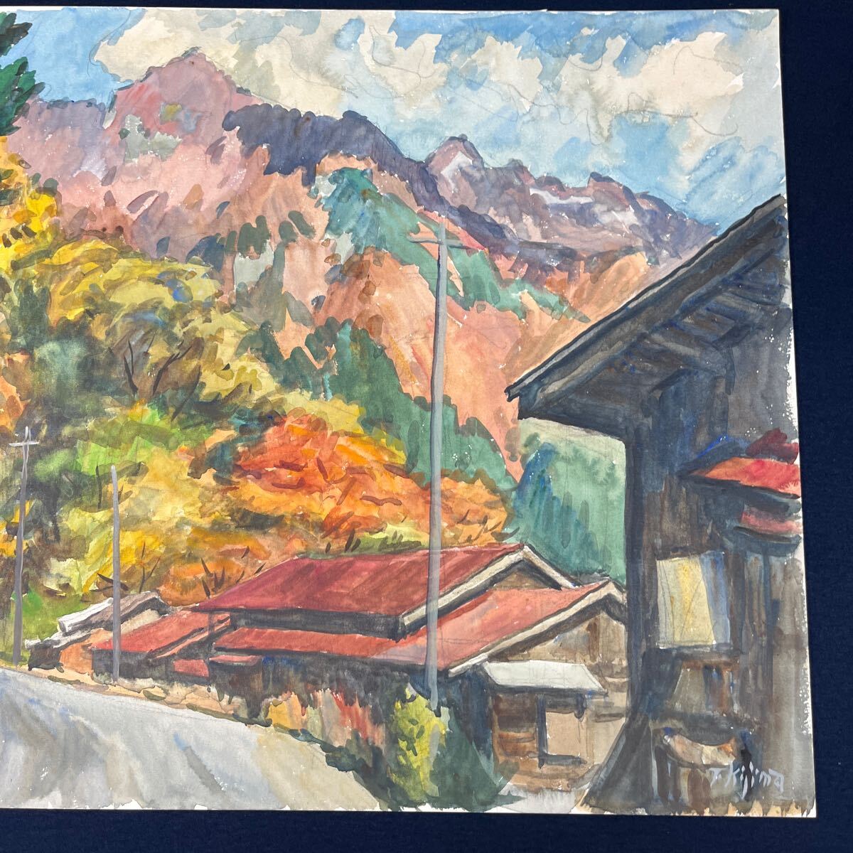 真作 木島工 T.kijima 「秩父路の秋」 水彩画 風景画 自然 山 民家 の画像3