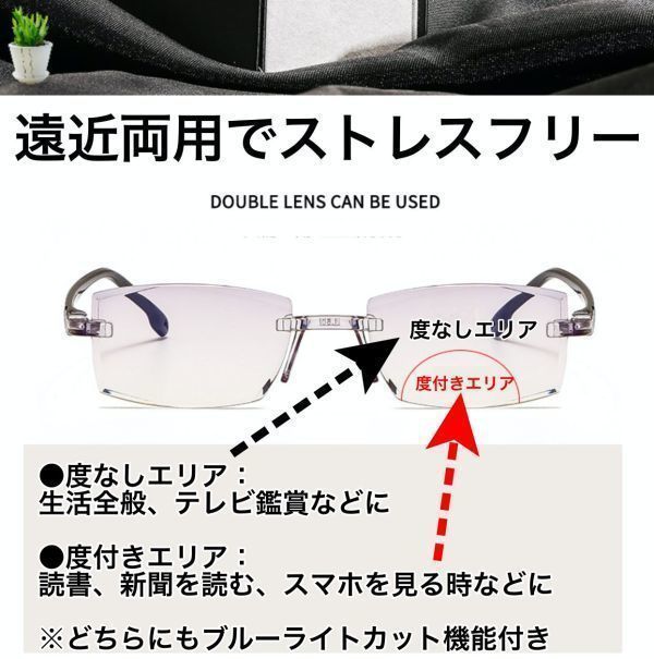 老眼鏡 ＋1.5 遠近両用 ブルーライトカット リーディンググラス シニア メガネ メンズ レディース フチなし 超軽量 TR90 男女 黒 ブラック_画像2