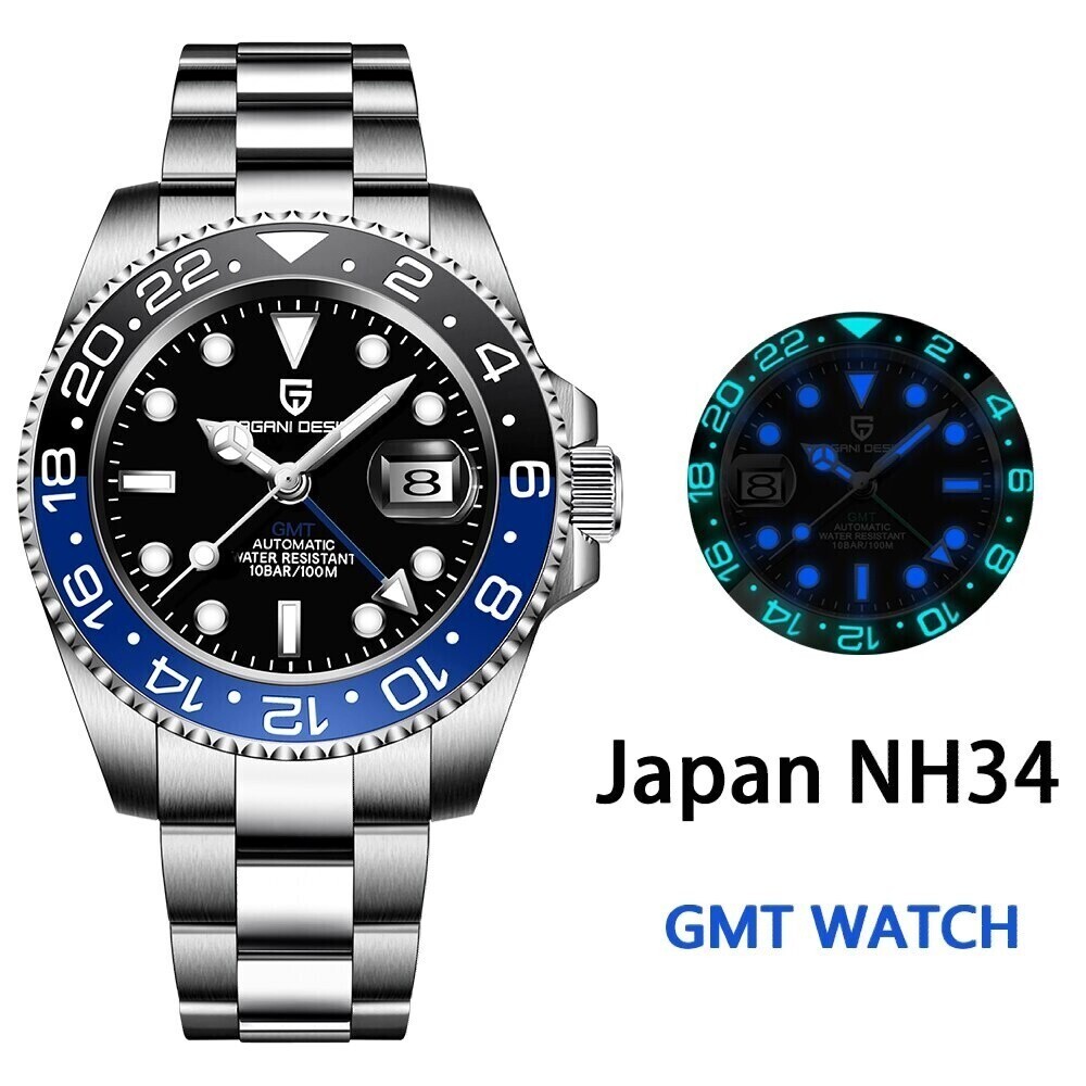 新品 自動巻 黒青 GMT SEIKO NH34 メンズ腕時計 機械式 回転ベゼル サファイア風防 裏スケ _画像1