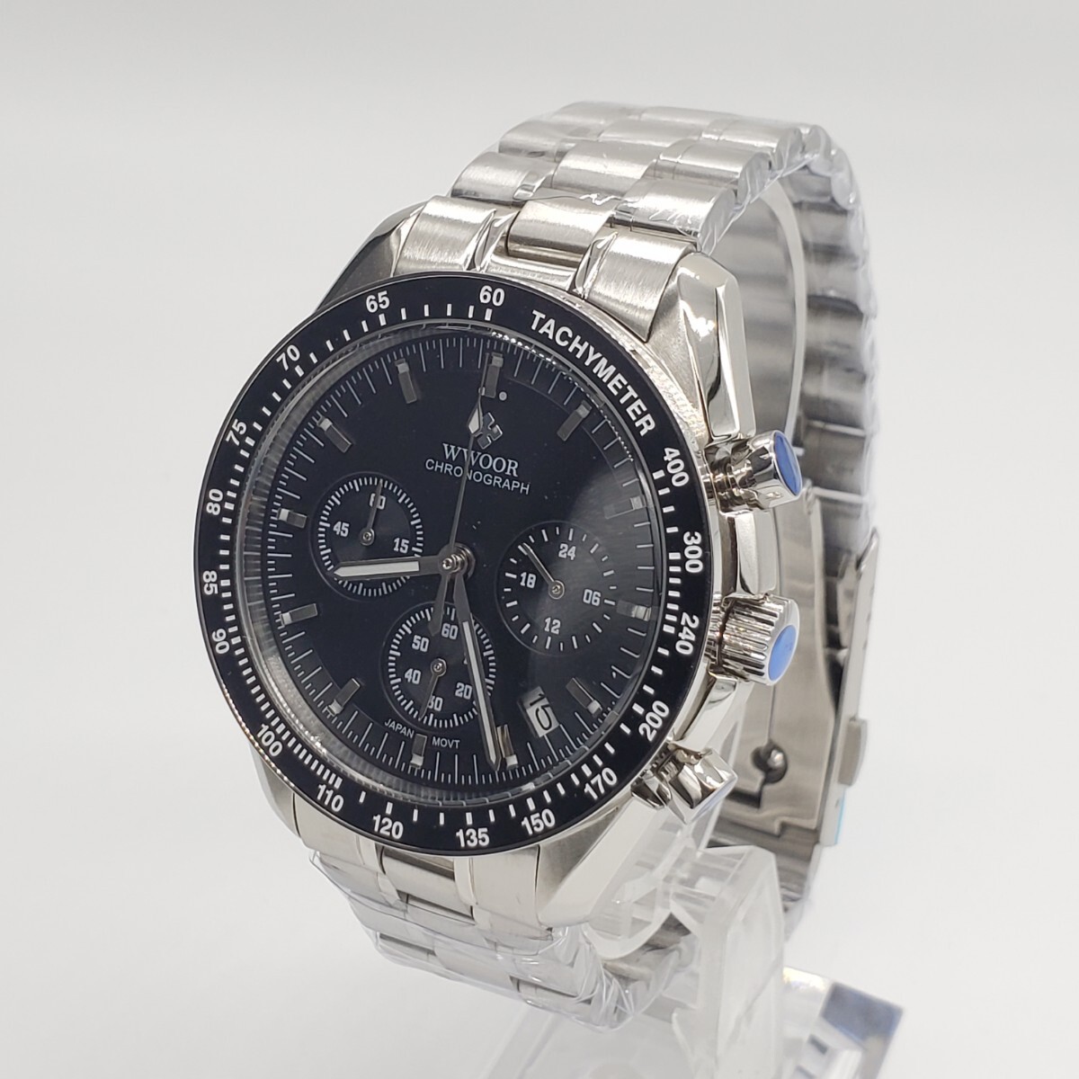 新品 WWOOR ブラック 黒 SEIKO VK63 クロノグラフ メンズ腕時計 メカクォーツの画像2