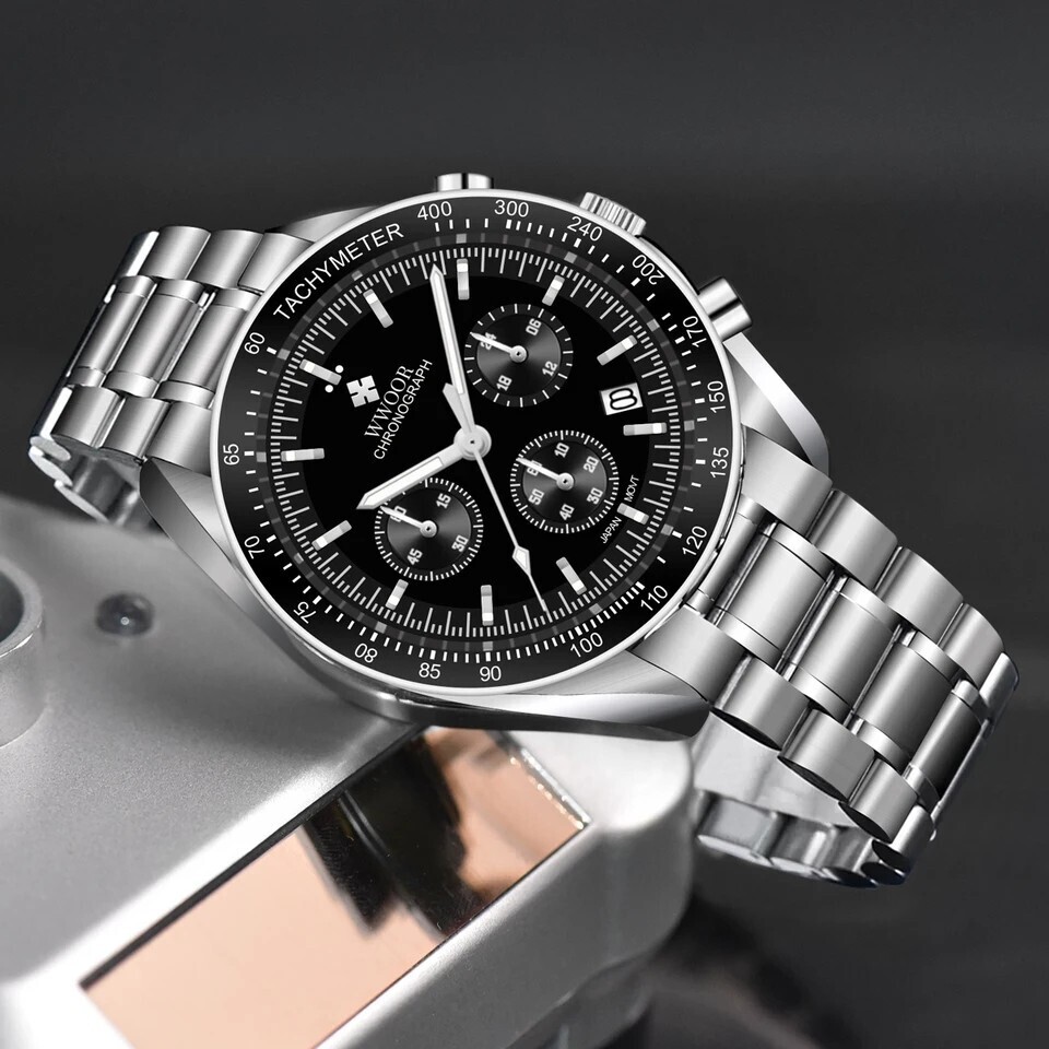 新品 WWOOR ブラック 黒 SEIKO VK63 クロノグラフ メンズ腕時計 メカクォーツの画像1