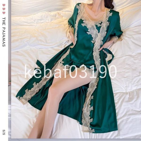 H1025:☆女性の3ピースのセクシーなレースのパジャマ サテンのホームウェアのセット/選べる6色/M-XL_Green ①