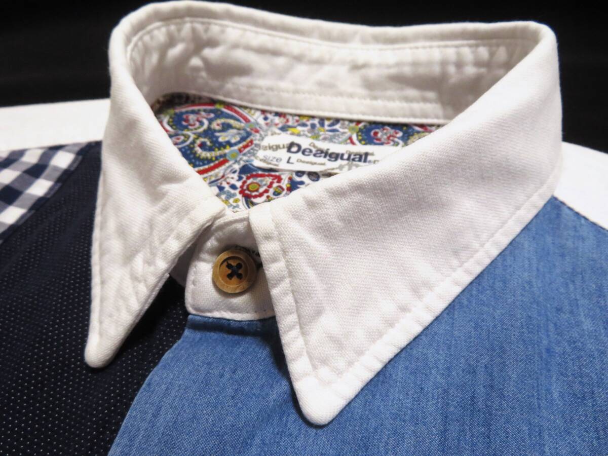 美品 Desigual デシグアル パッチワークデザインシャツ クレイジーパターン 長袖トップス メンズウエア 紳士 Lサイズ オールシーズンの画像4