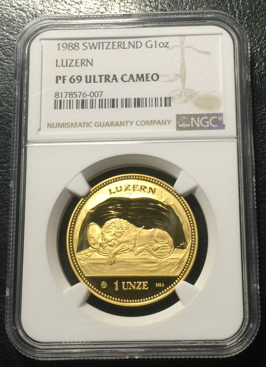 スイス 1988年 嘆きのライオン金貨 プルーフ 1オンス ヘルベティア女神像 NGC PF69UC 発行枚数: 54枚 _画像1