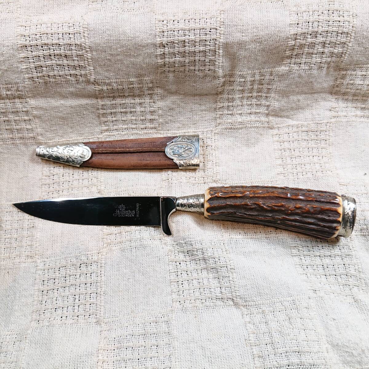 未使用 新品 HUBERTUS SOLINGEN ROSTFREI ゾーリンゲン ヒューバーツ フォールディングナイフ ロストフライ 鹿角柄 本革鞘 古珍 希少