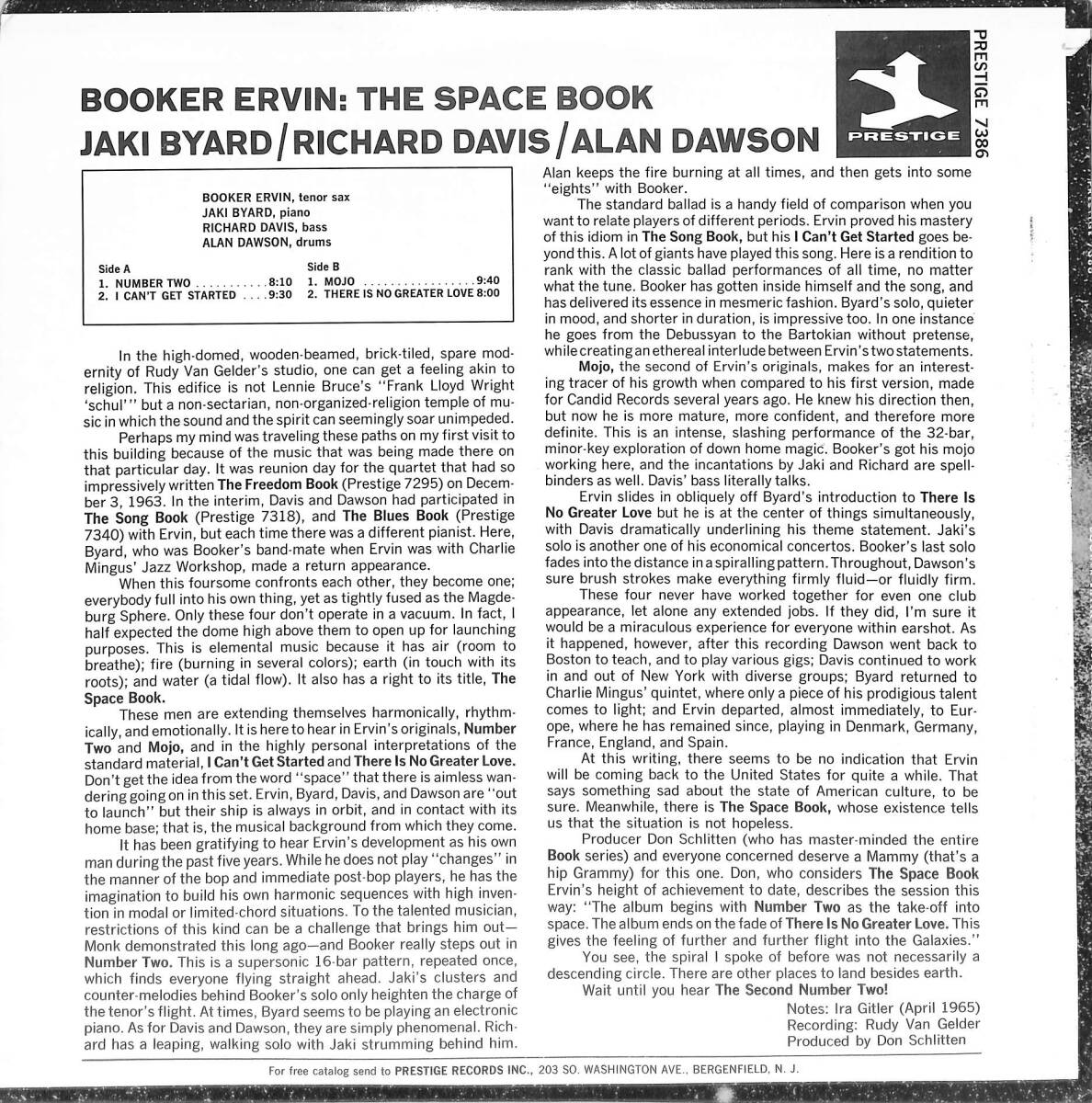 A00591443/LP/ブッカー・アーヴィン (BOOKER ERVIN)「The Space Book (PRT-7386・ハードバップ・モードジャズ・MODAL)」の画像2