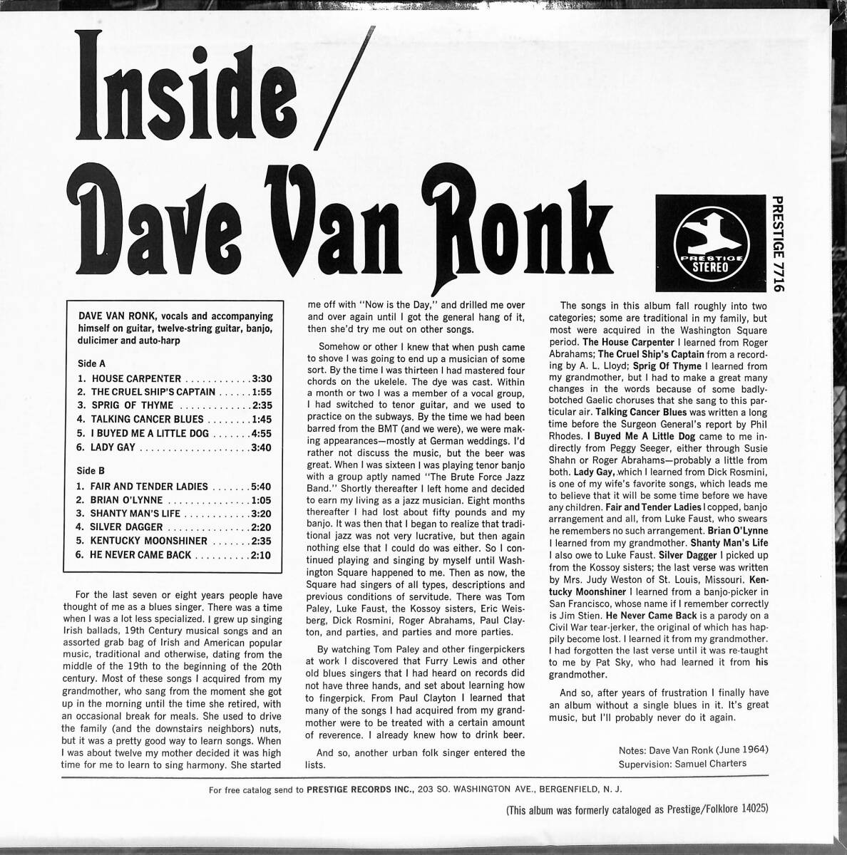A00591494/LP/デイヴ・ヴァン・ロンク (DAVE VAN RONK)「Inside (P-7716・PRESTIGE・フォーク)」の画像2