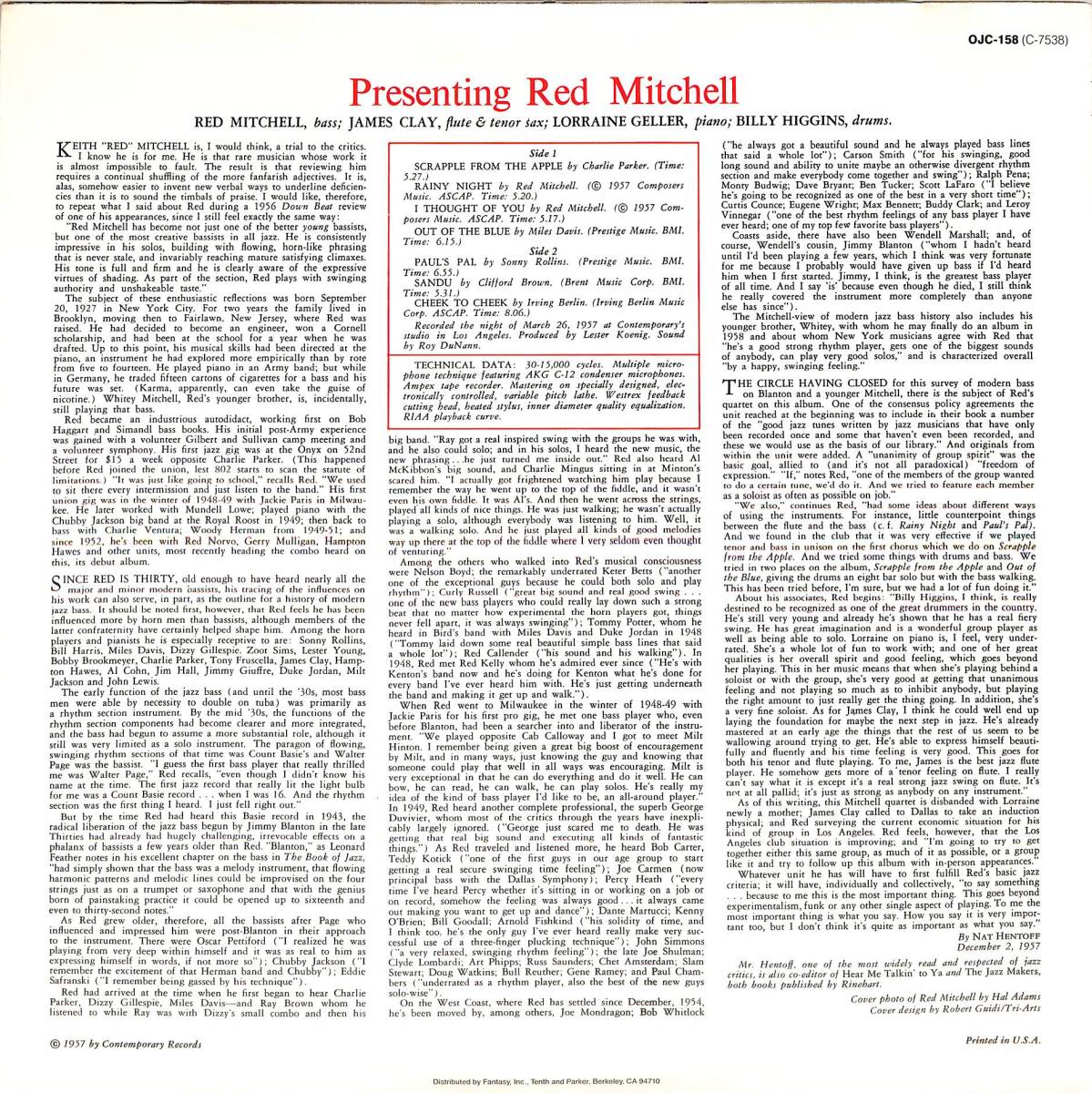 A00591686/LP/レッド・ミッチェル「Presenting Red Mitchell」の画像2