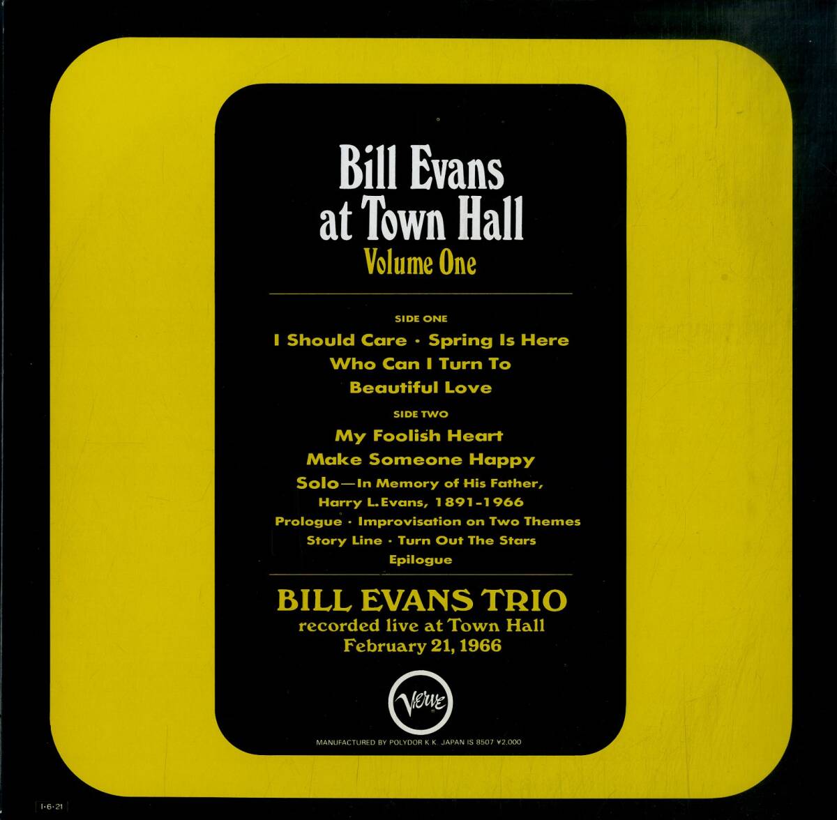 A00590767/LP/ビル・エヴァンス「Bill Evans At Town Hall (Volume One)」_画像2