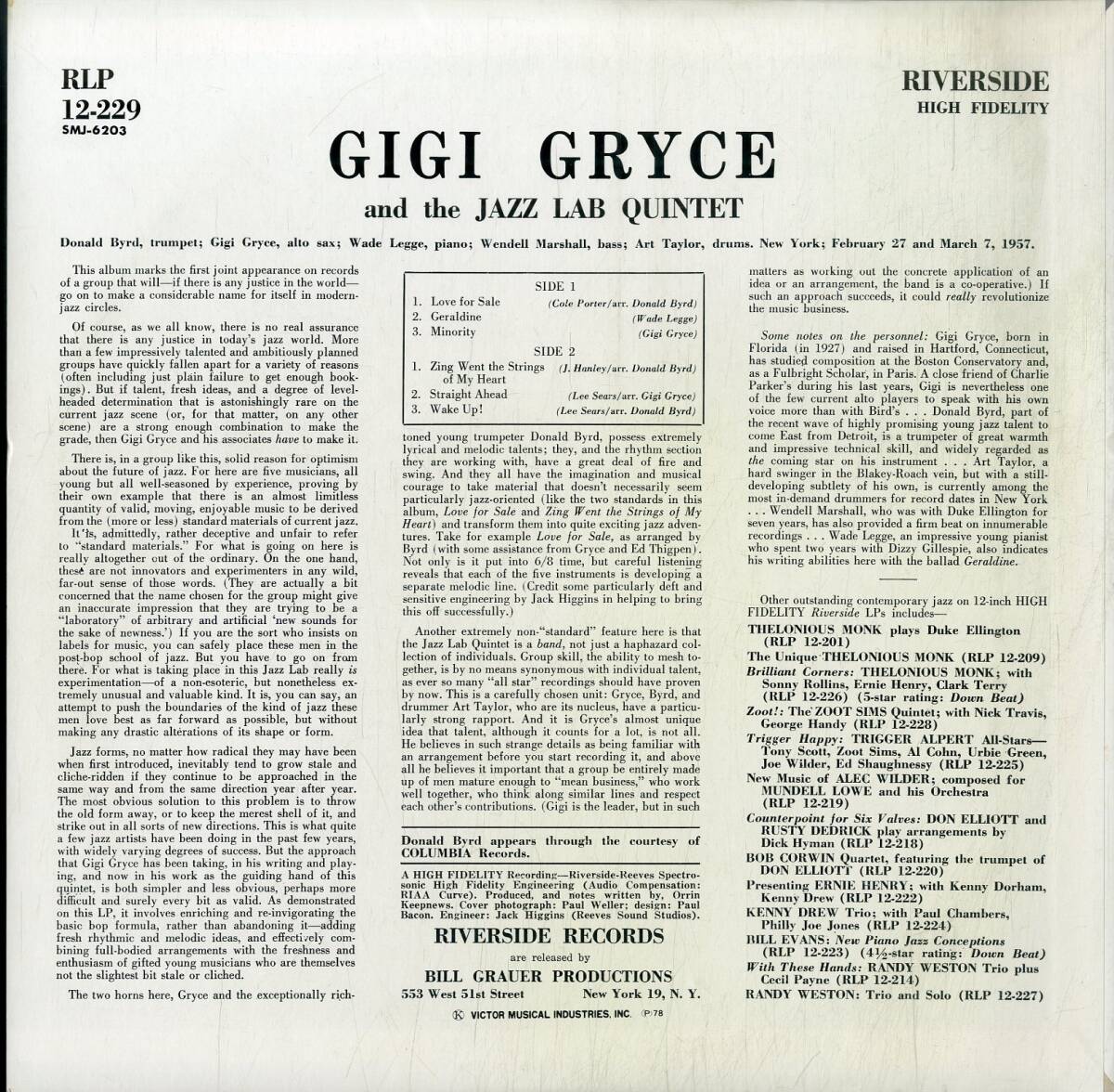 A00591684/LP/Gigi Gryce「And The Jazz Lab Quintet」の画像2
