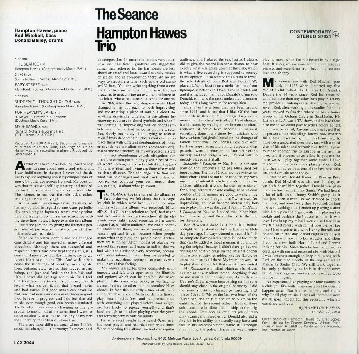 A00590411/LP/ハンプトン・ホーズ(HAMPTON HAWES TRIO)「The Seance (1978年・LAX-3044・クールジャズ)」_画像2