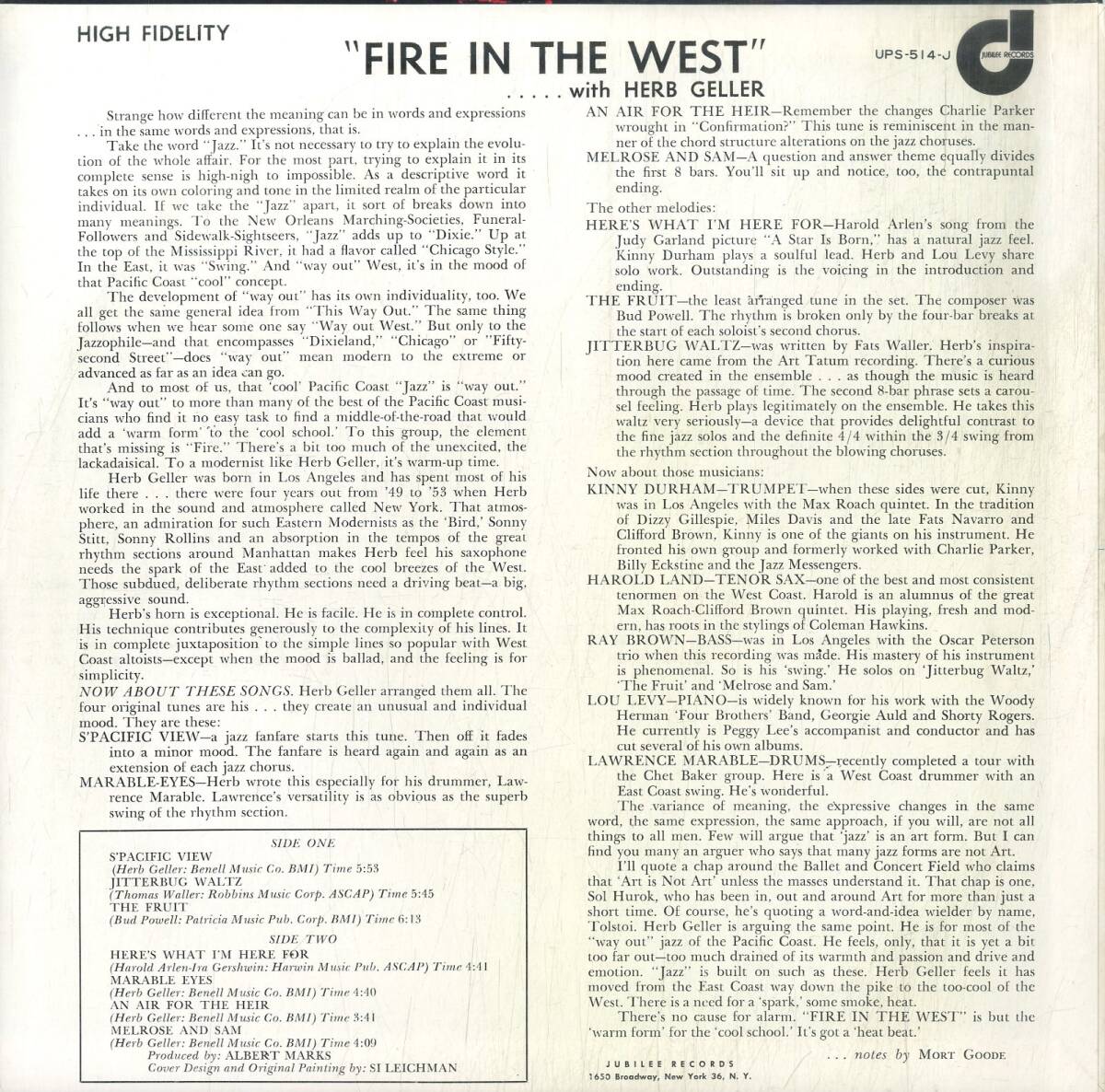 A00590605/LP/ハーブ・ゲラー (HERB GELLER)「Fire In The West / Jubilee Jazz Collector Series (1972年・UPS-514-J・クールジャズ・ハ_画像2