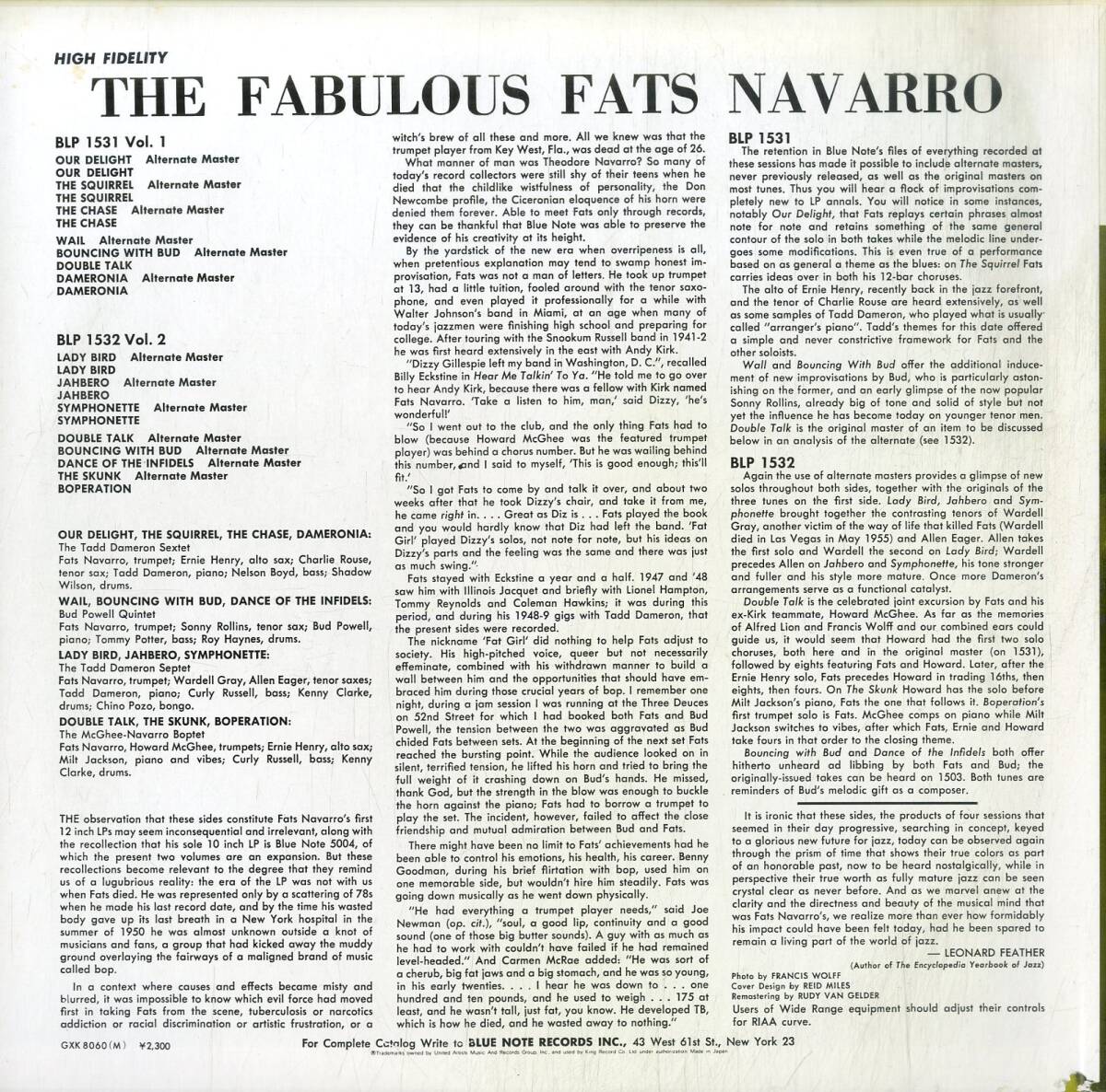 A00590814/LP/ファッツ・ナヴァロ「The Fabulous Fats Navarro Volume 1」の画像2