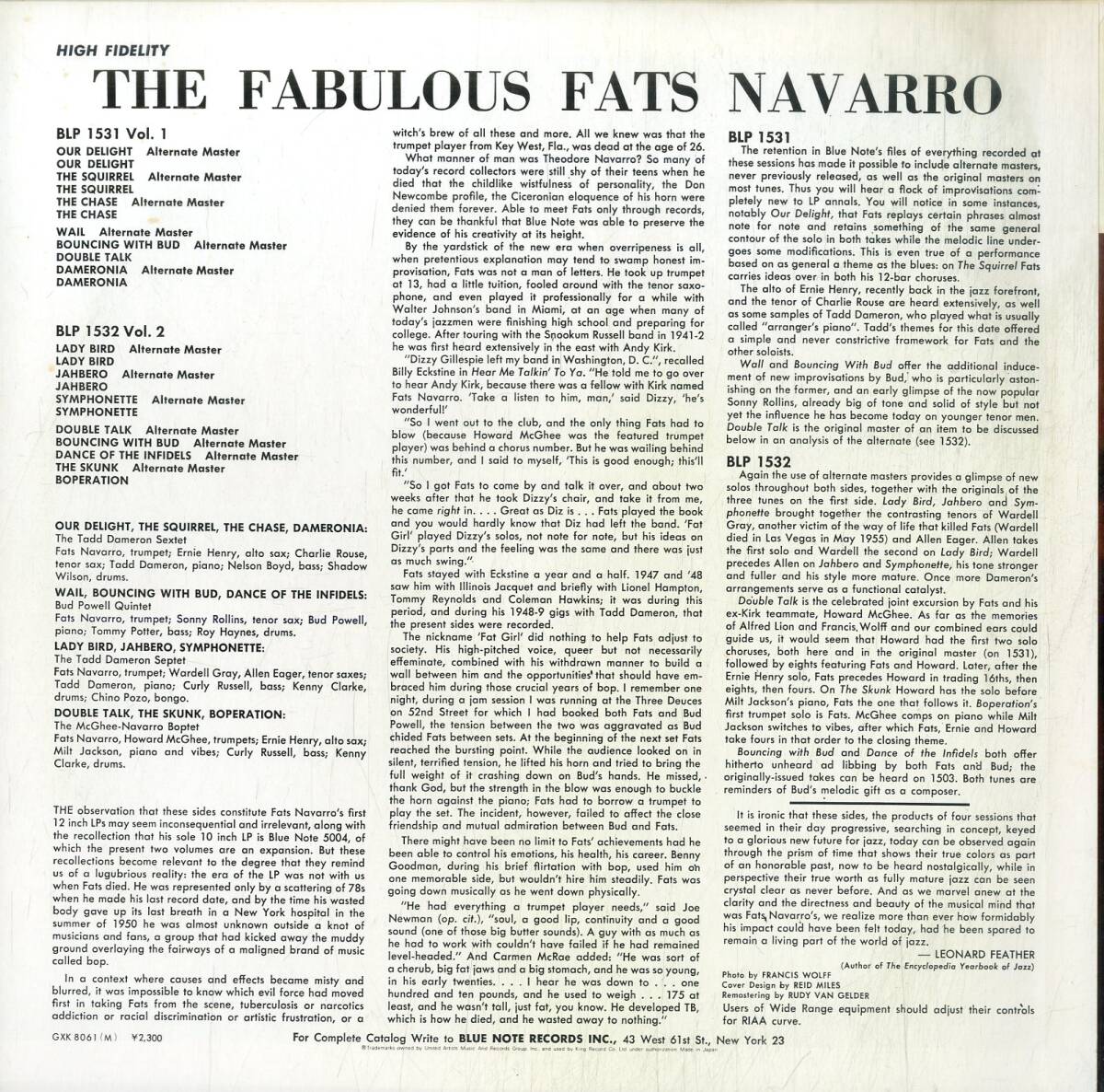 A00590816/LP/ファッツ・ナヴァロ「The Fabulous Fats Navarro Volume 2」の画像2