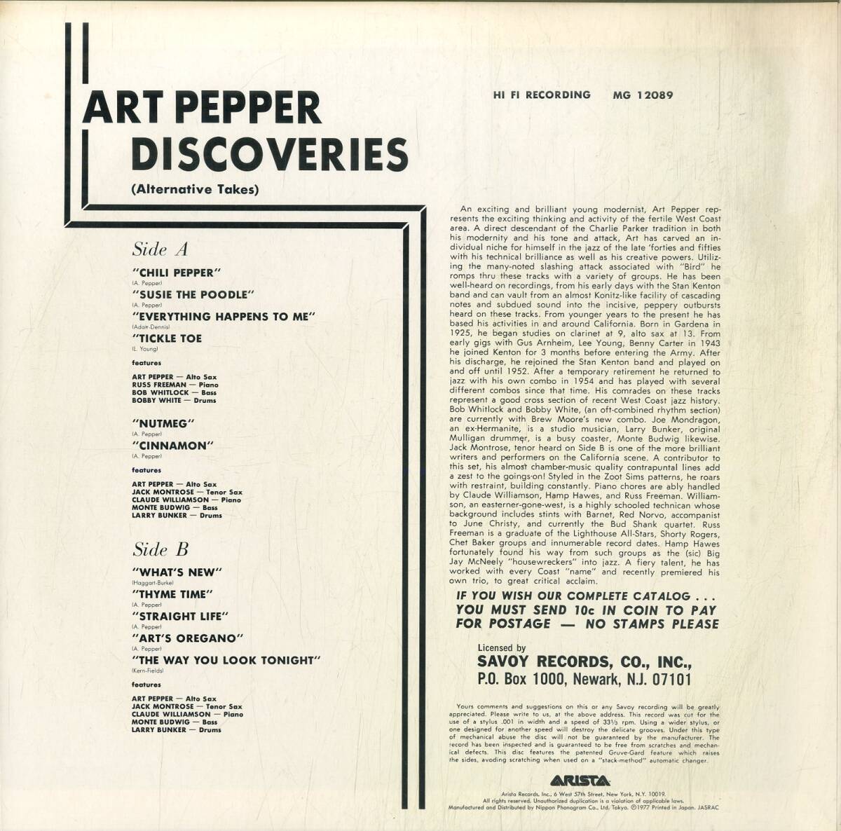 A00590700/LP/アート・ペッパー「Discoveries (Alternative Takes)」の画像2