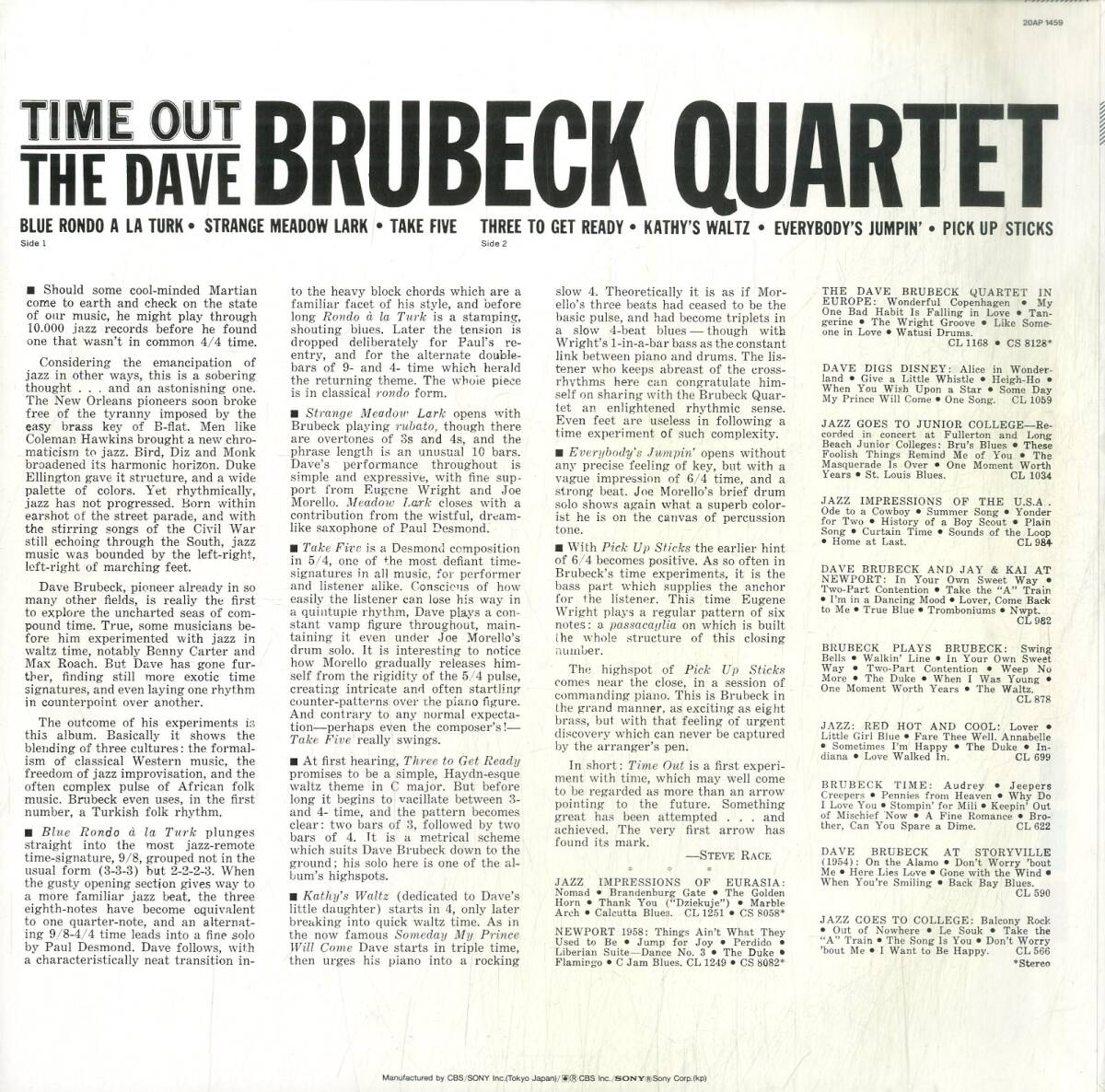 A00592008/LP/デイブ・ブルーベック・クヮルテット「Time Out (1979年・20AP-1459・クールジャズ)」_画像2
