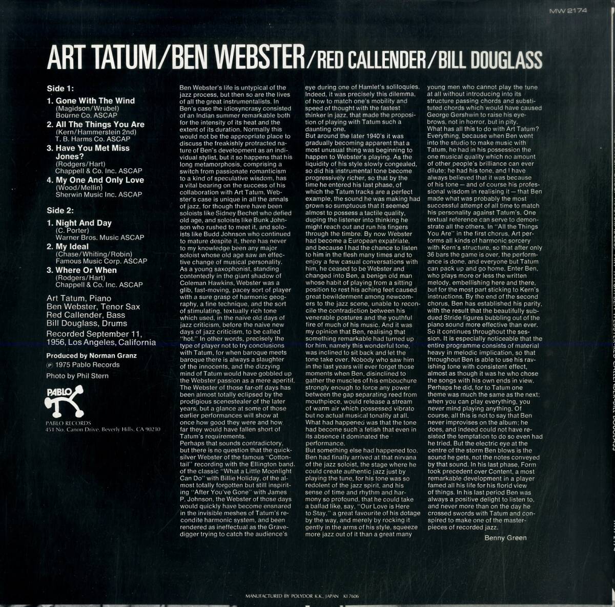 A00592102/LP/アート・テイタム=ベン・ウェブスター・クァルテット「The Tatum Group Masterpieces (MW-2174・スウィングJAZZ)」の画像2