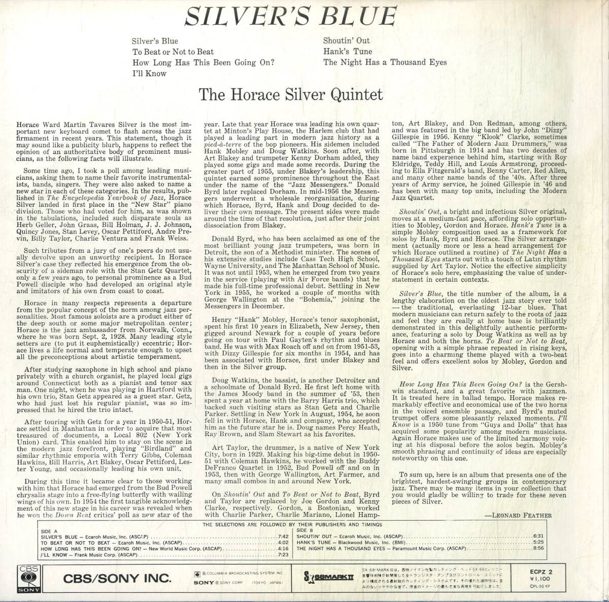 A00591974/LP/ホレス・シルヴァー・クインテット「Silvers Blue (1973年・ECPZ-2・ハードバップ)」の画像2