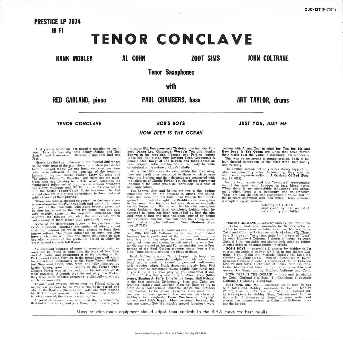 A00591397/LP/ハンク・モブレー / アル・コーン / ジョン・コルトレーン / ズート・シムズ「Tenor Conclave (1984年・OJC-127・ハードバの画像2
