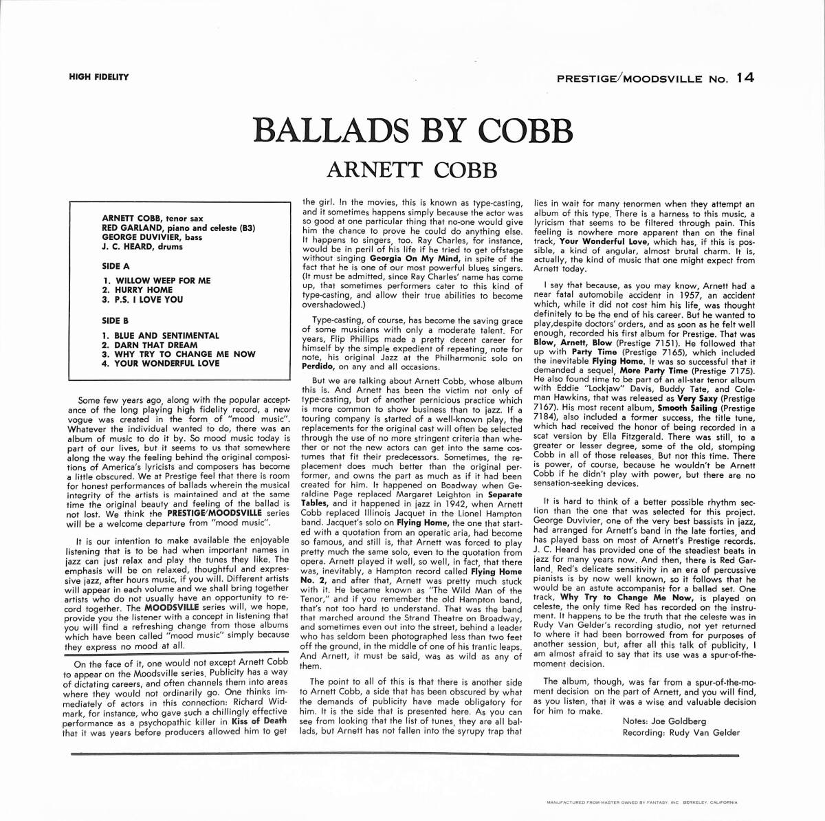 A00591431/LP/アーネット・コブ (ARNETT COBB)「Ballads By Cobb (MVLP-14)」_画像2