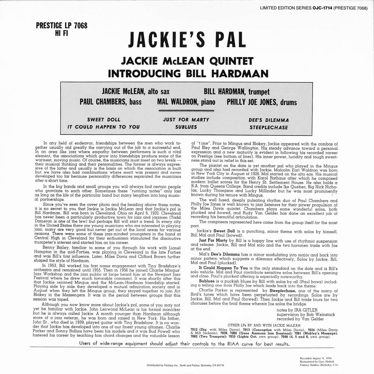 A00591365/LP/ジャッキー・マクリーン (JACKIE McLEAN QUINTET) introducing ビル・ハードマン「Jackies Pal」_画像2