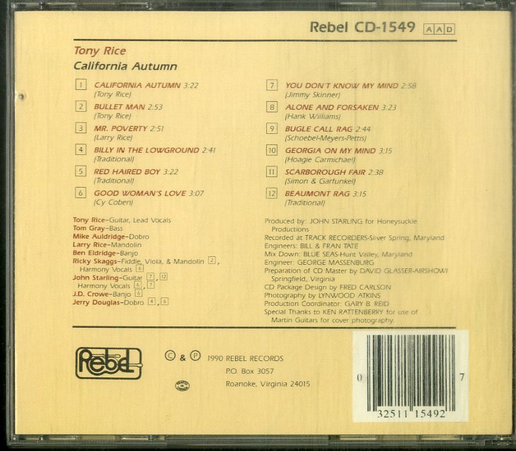 D00160756/CD/トニー・ライス (TONY RICE)「California Autumn (1990年・REB-CD-1549・ブルーグラス・BLUEGRASS)」_画像2