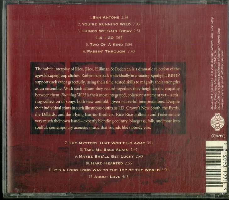 D00160760/CD/ライス、ライス、ヒルマン＆ペダーセン (TONY RICE)「Running Wild (2001年・ROUNDER-11661-0483-2・ブルーグラス・BLUEGRAの画像2