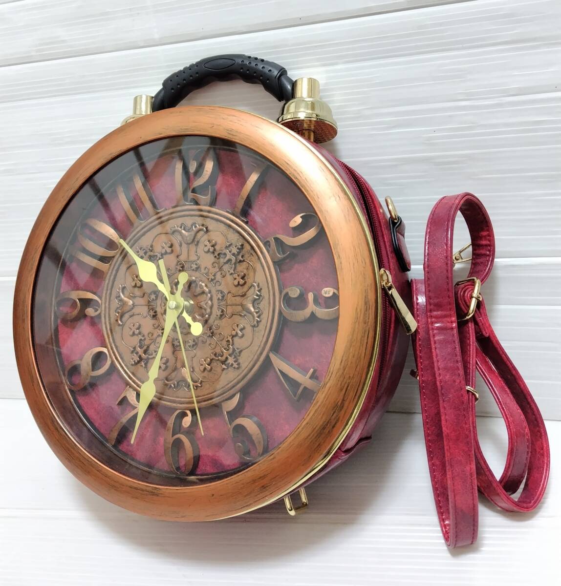 アンティーク調 ハンドバッグ 時計型バッグ ショルダーバッグ ゴシック クロックバッグ 置き時計 ゴスロリ ヴィンテージ調 赤 レッドの画像1