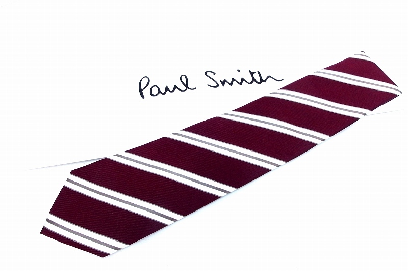 Paul Smith ポールスミス ストライプ シルク ネクタイ ボルドー×ホワイト_画像1