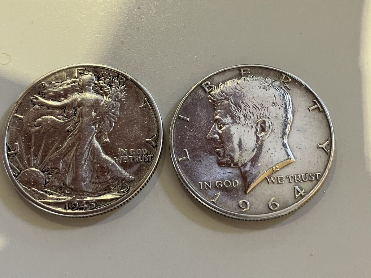 アメリカ 1945年自由の女神銀貨と1964年ケネディ50セント銀貨 ハーフダラー 外国コイン 外国硬貨 アンティーク 古銭 コレクション の画像10