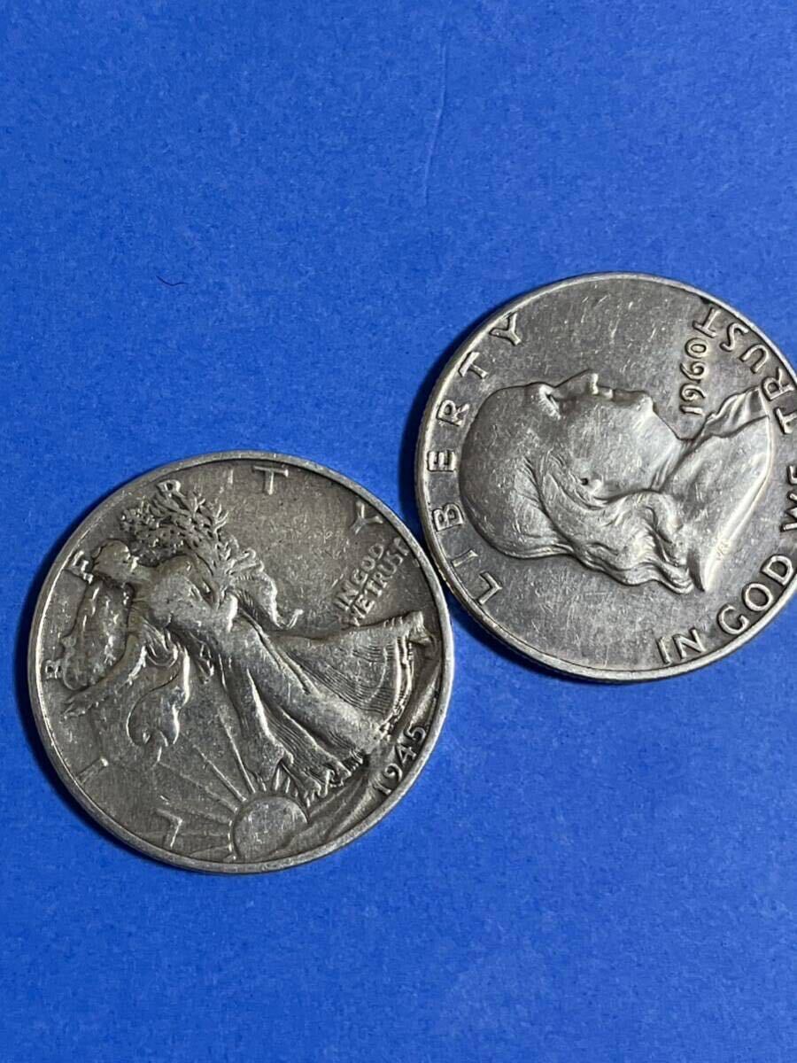アメリカ 1945年自由の女神銀貨とフランクリン1960年50セント銀貨 ハーフダラー 外国コイン 外国硬貨 アンティーク 古銭 コレクション の画像7
