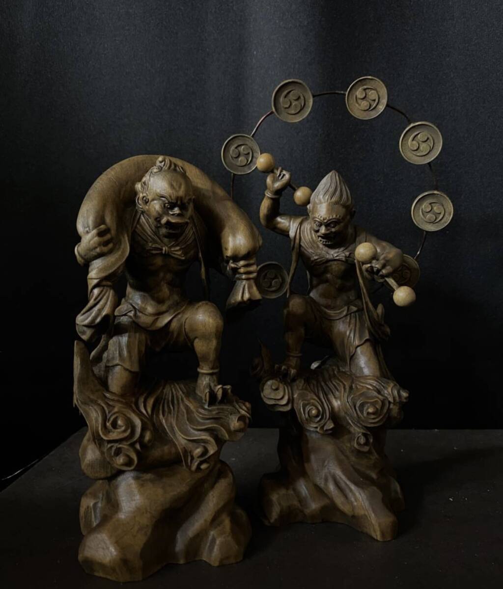 仏教工芸品 総柘植材 時代彫刻 古美術 木彫仏教 精密彫刻 仏師で仕上げ品 風神雷神図の画像4