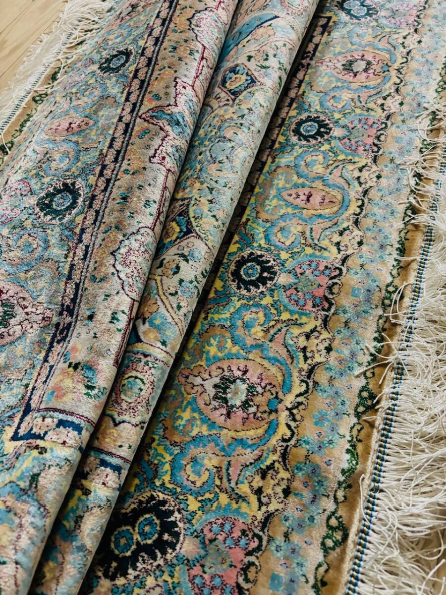 百貨店展示品 Negin Mashhad Helel工房 シルク100％ 最高峰225万ノット イラン産 手織り 高級ペルシャ絨毯 101×152cm #14の画像4