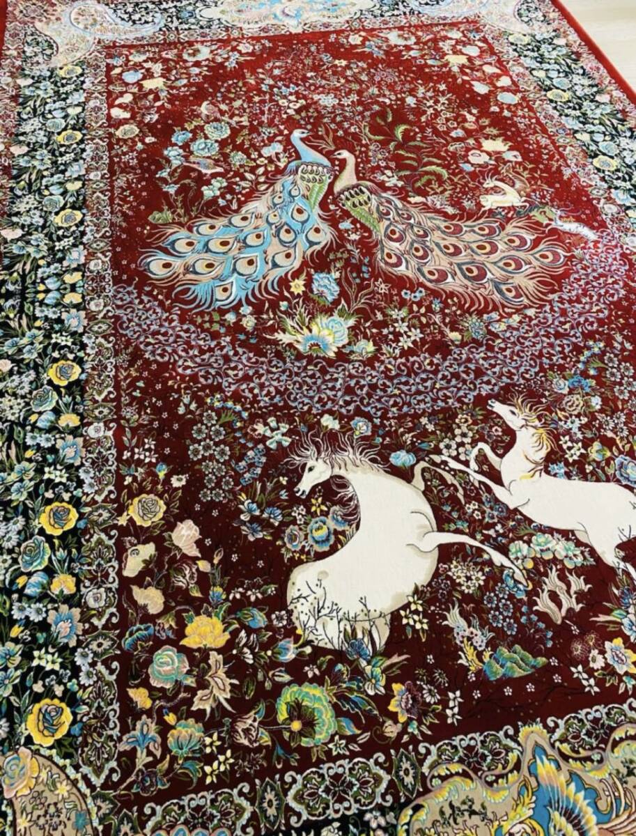 白馬孔雀の図　最高峰約144万ノット　ウール100%　イラン産手織り 高級ペルシャ絨毯 201×305cm　_画像7