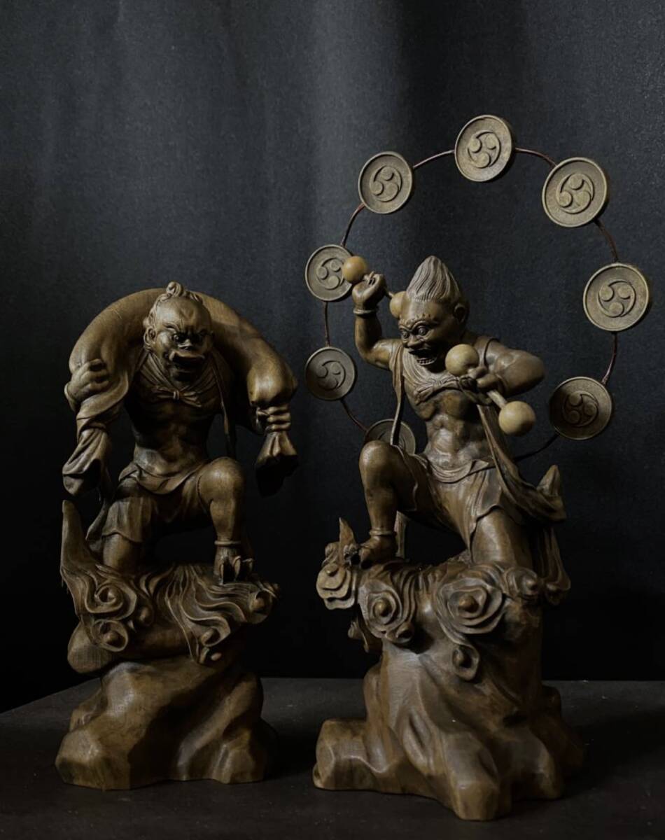 仏教工芸品 総柘植材 時代彫刻 古美術 木彫仏教 精密彫刻 仏師で仕上げ品 風神雷神図の画像5