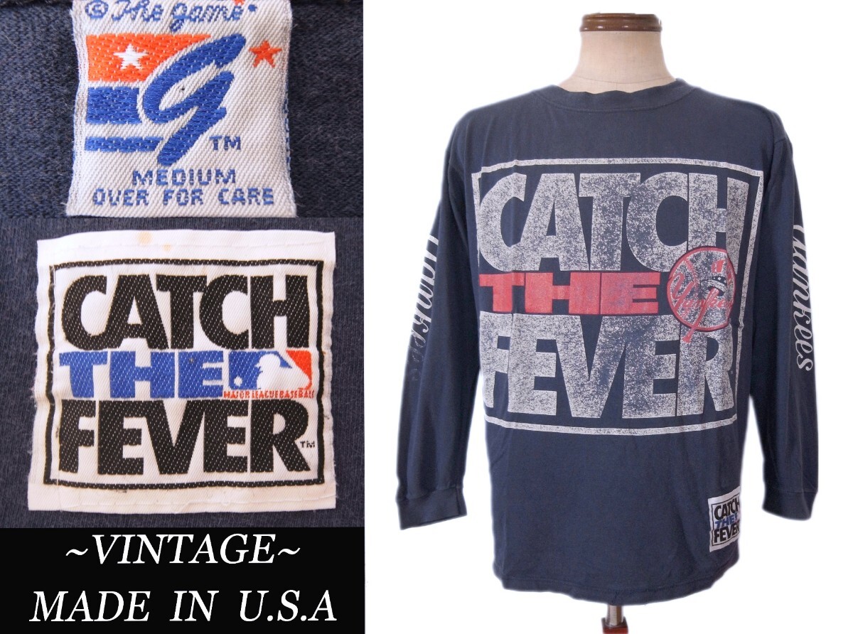 90s ビンテージ Yankeesヤンキース catch the fever メジャーリーグ MLB ベースボールTee チャンピオン　VINTAGE ランタグ model_画像1