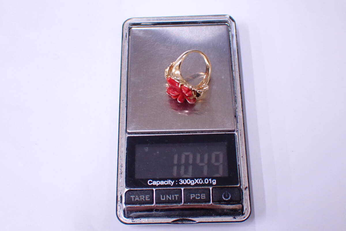 最高級ジュエリー K18YG 天然珊瑚 赤珊瑚 薔薇 バラ モチーフ デザイン リング 指輪 10.49g 12号 本珊瑚 ケース ソーティング付き P03114