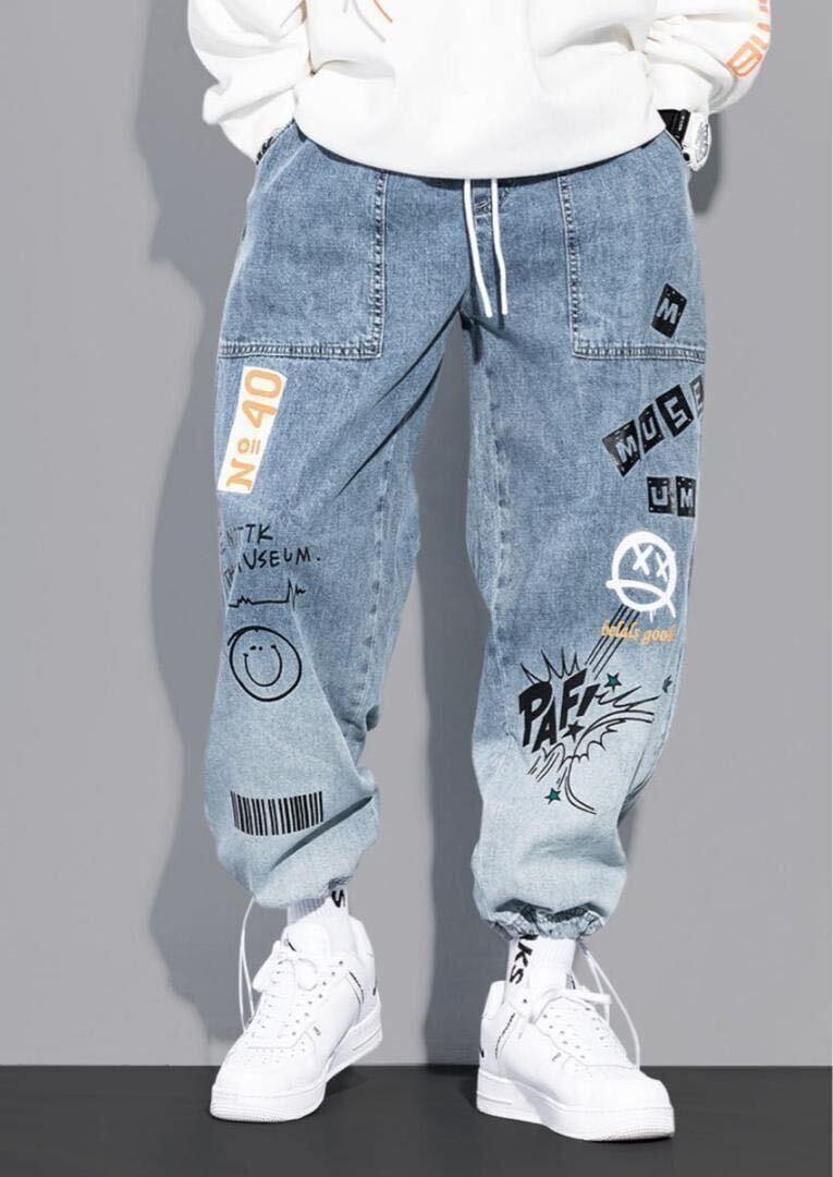 メンズ ジョガーパンツ デニムウォッシュ 韓国ストリート プリント スウェットパンツ カーゴパンツ ストレッチ XLの画像1