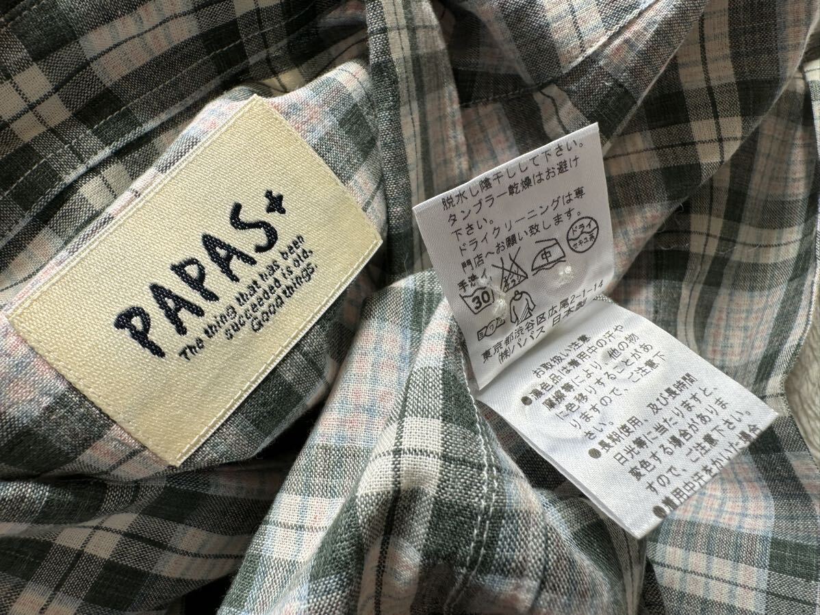 美品 PAPAS＋ sizeM リネン混 半袖シャツ チェック メンズ グリーン ホワイト パパス BDシャツ ボタンダウン_画像8