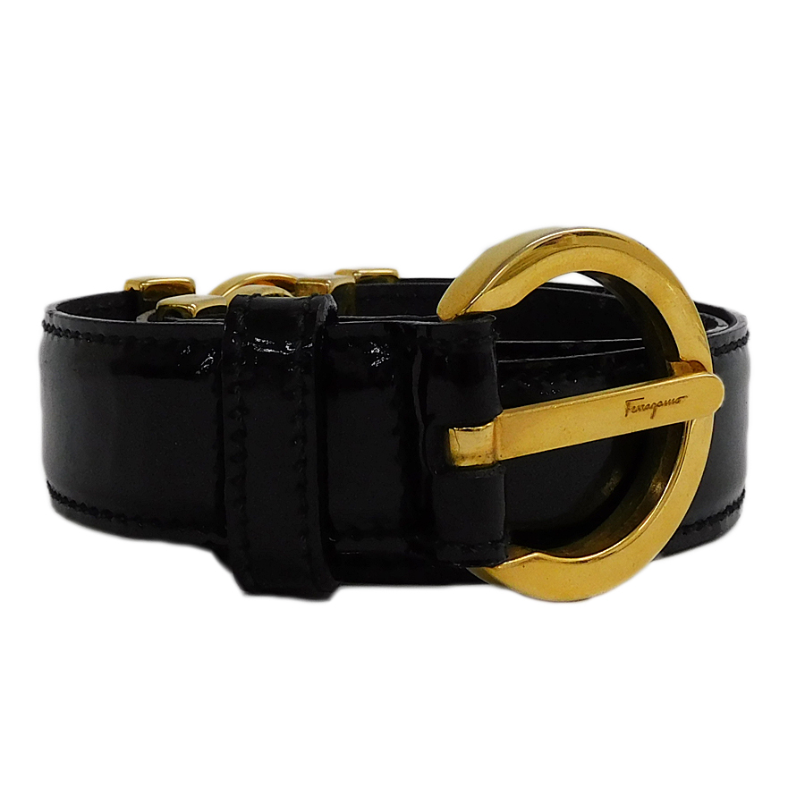 1 jpy # ultimate beautiful goods Ferragamo belt enamel black group gun chi-ni gold metal fittings Salvatore Ferragamo #E.Bll.Gt-28