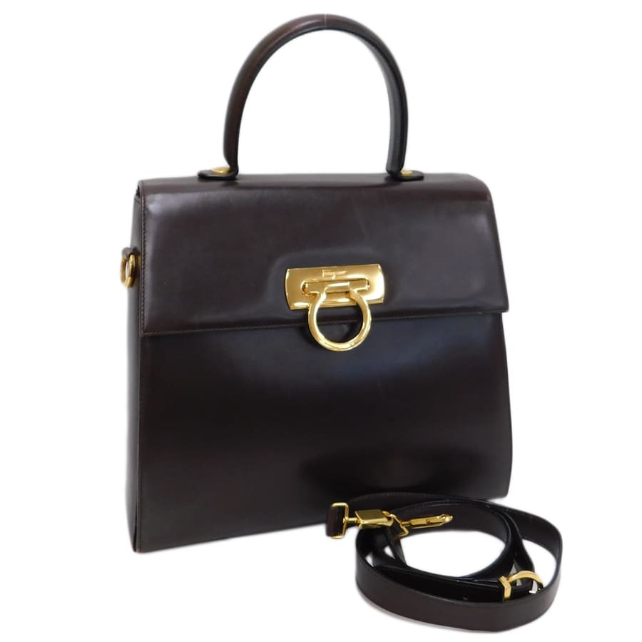 1円 ■ フェラガモ 2wayバッグ E210536 ブラウン系 レザー ガンチーニ Salvatore Ferragamo ■E.Cmei.hP-10_画像1