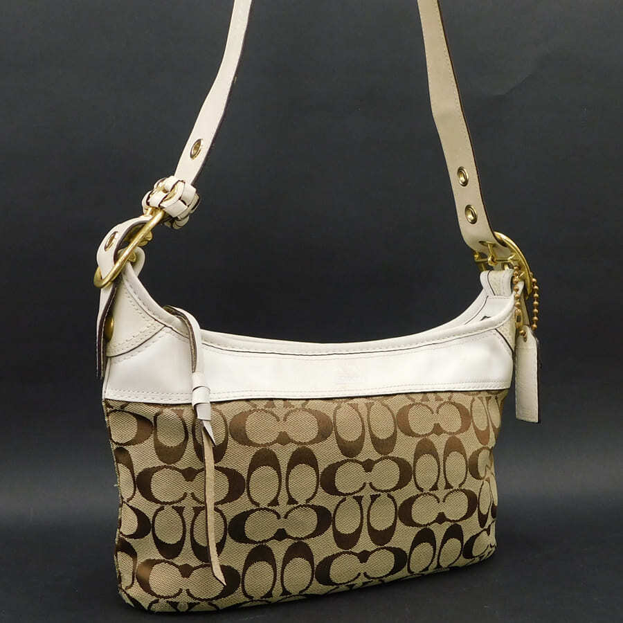 1円 ■ 美品 コーチ ショルダーバッグ ホワイト×ブラウン系 キャンバス×レザー 11444 COACH ■E.Bsm.An-27の画像1