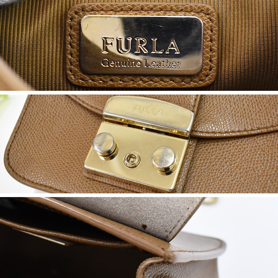 1円 ◆極美品 FURLA フルラ メトロポリス ミニ クロスボディ チェーンショルダーバッグ レザー ブラウン◆E.Bls.Gt-26☆の画像9