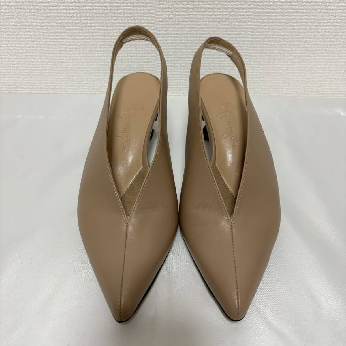 24ss 新品同様■銀座かねまつ■Vカット レザー バックストラップ パンプス 22 ダークベージュ スリングバック GINZA Kanematsu 定価28600円の画像8