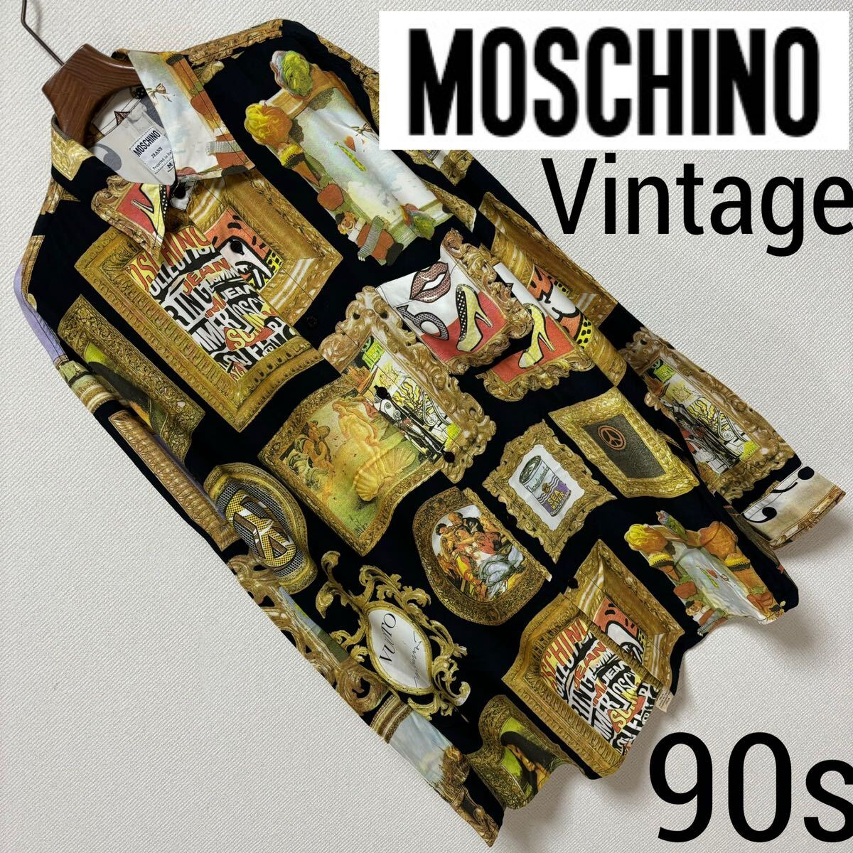 90s■MOSCHINO■アート パネル オーバーサイズ シャツ ブラウス M ブラック ミュシャ ダ ヴィンチ ピカソ ウォーホル 美品 ヴィンテージ