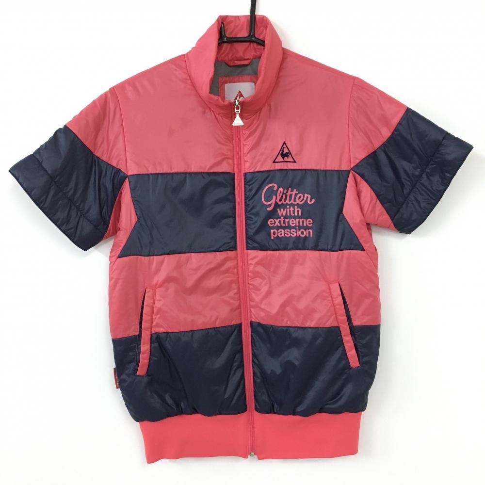 le coq sportif ルコック 中綿半袖ジャケット ピンク×ネイビー 太ボーダー レディース M ゴルフウェア_画像1