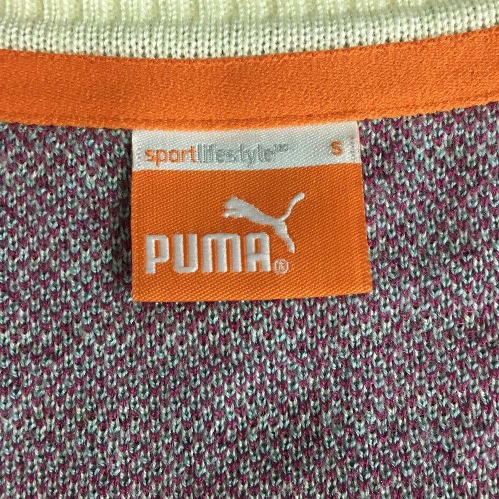 【美品】PUMA プーマ 長袖ニットセーター アイボリー×パープル 一部千鳥格子柄 ウール50％ Vネック レディース S ゴルフウェア_画像5