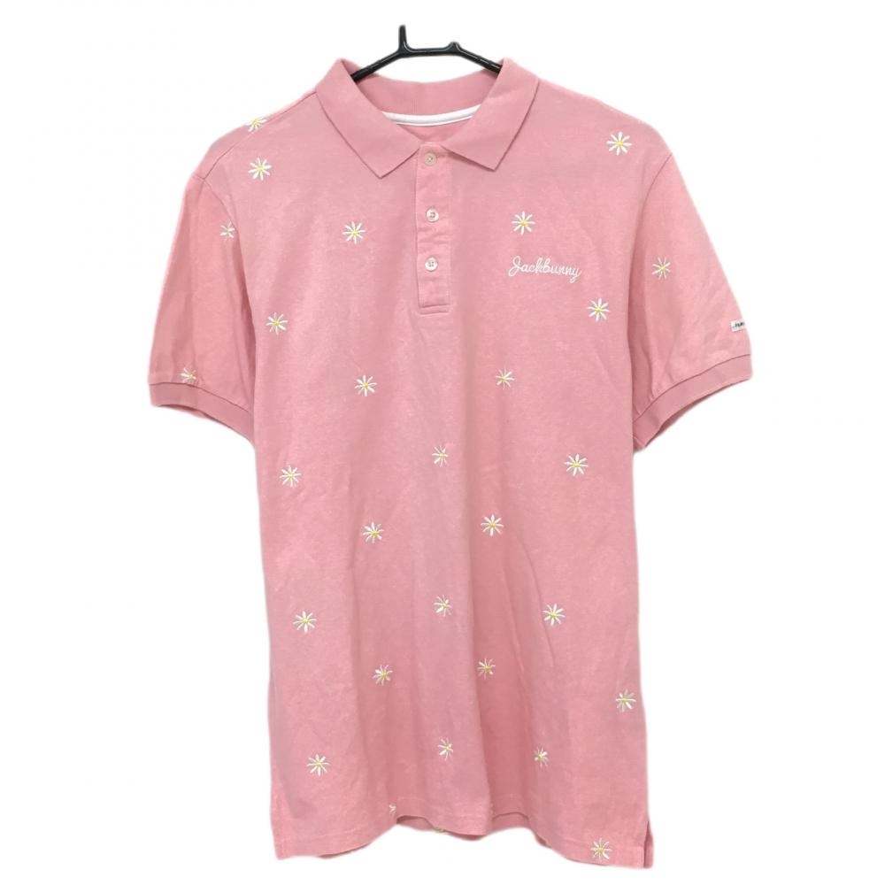 ジャックバニー 半袖ポロシャツ ピンク×白 花総柄刺しゅう コットン100％ メンズ 6(XL) ゴルフウェア Jack Bunny_画像1