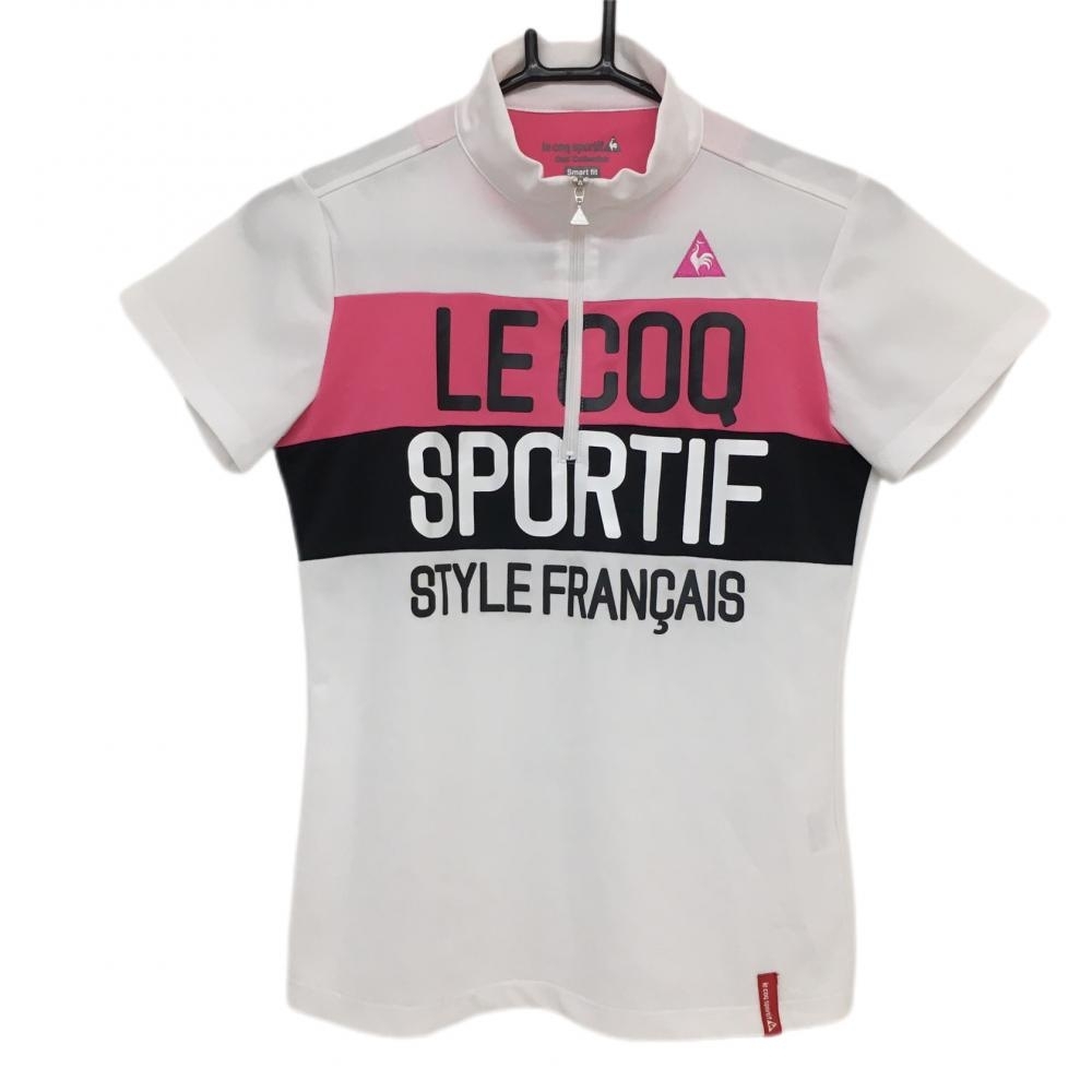 【美品】ルコック 半袖ハイネックシャツ 白 前面柄 ハーフジップ レディース M ゴルフウェア le coq sportif_画像1